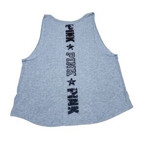 Victoria's Secret PINK Gray Tank Top - Sequin Flag Pocket & PINK Back - Size L